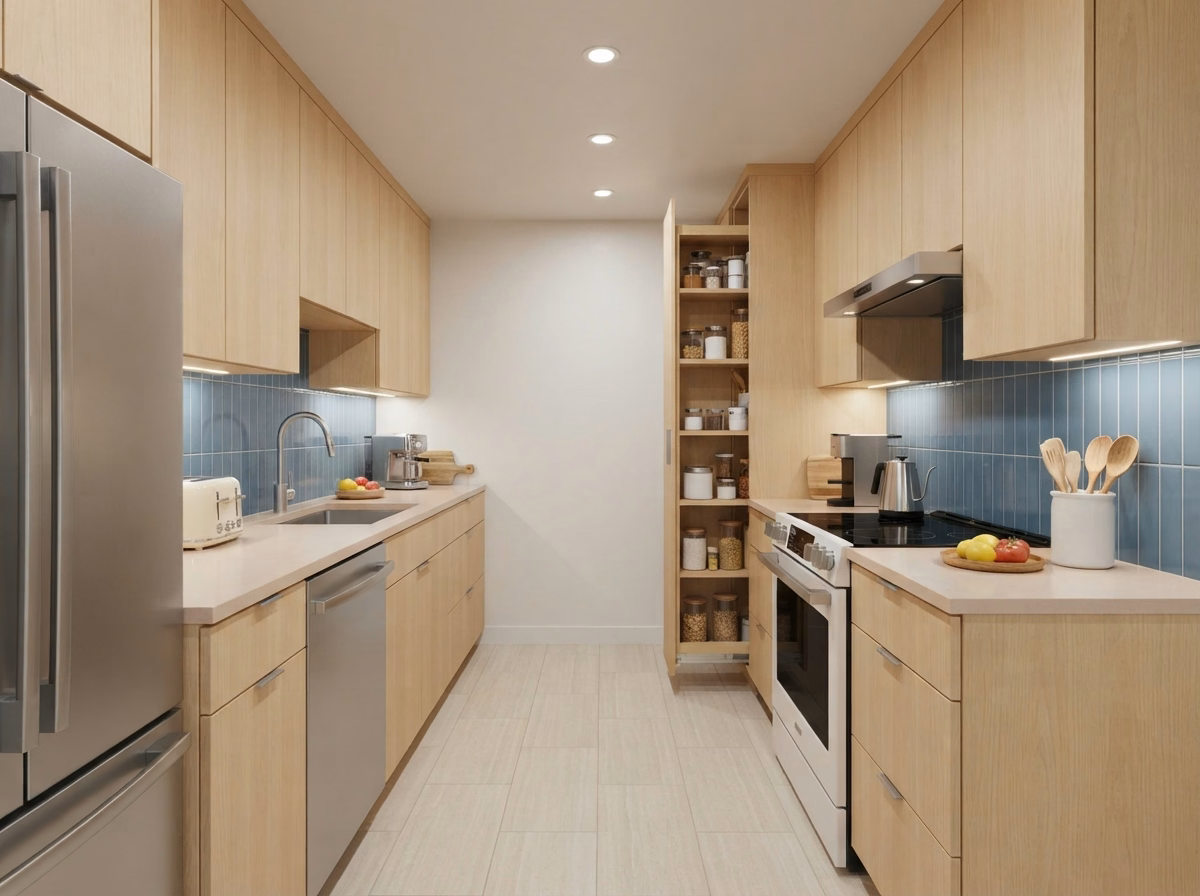 Galley kitchen layout for a small kitchen in San Bernardino County.