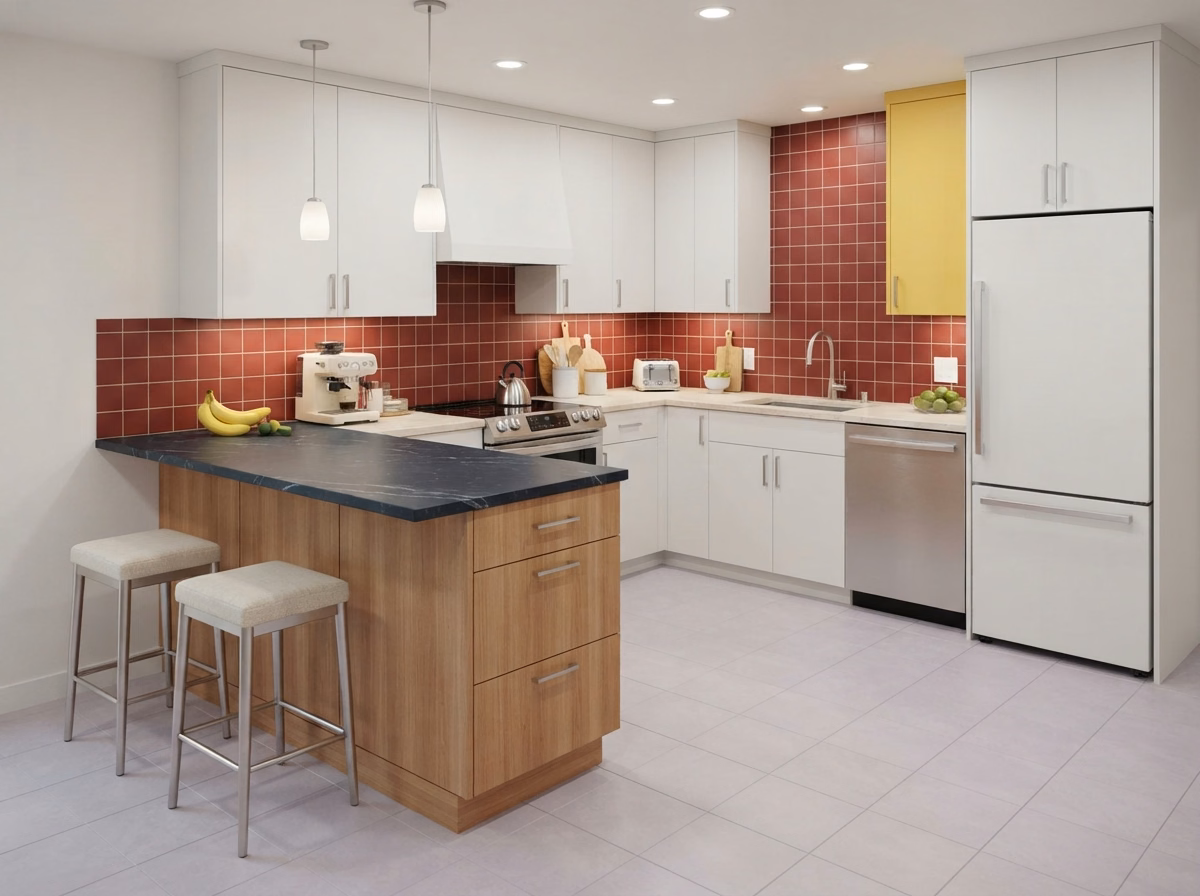 Peninsula kitchen layout for a small kitchen in San Bernardino County.